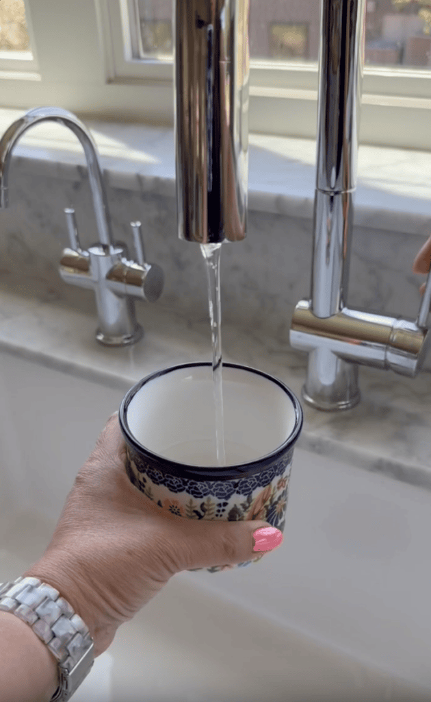 A hand holds a floral-patterned mug under a running kitchen faucet, filling it with water. The person wears a silver watch and has pink painted nails. A marble countertop and window are in the background.
