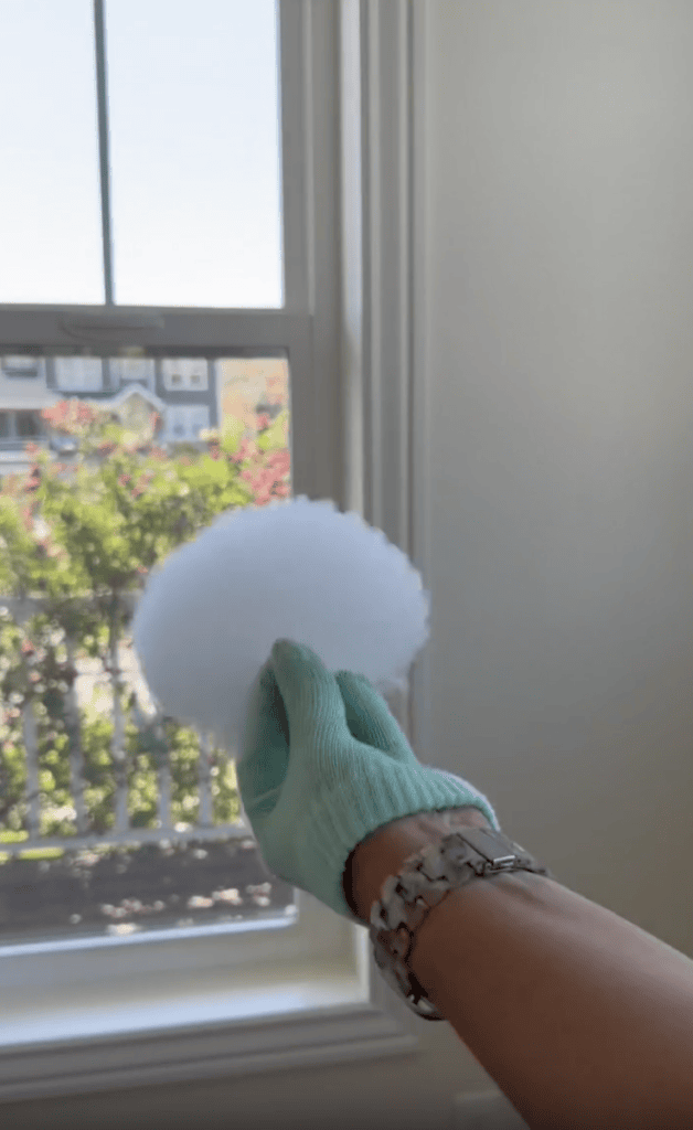 A person wearing a light green glove holds a circular white cleaning pad near a sunlit window, with trees and houses visible outside.