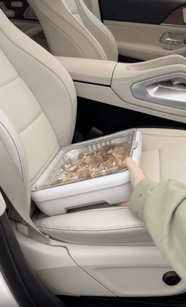 A hand places a takeout food container on the beige front passenger seat of a car. The food inside the container appears to be mixed salad or pasta.