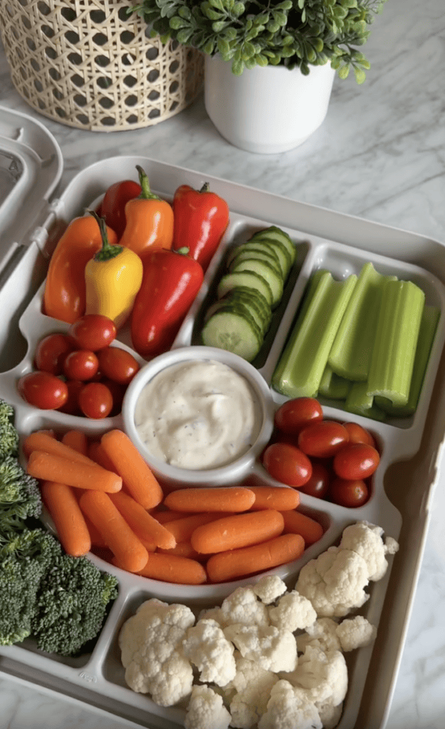 A tray filled with baby carrots, grape tomatoes, celery sticks, cucumber slices, mini bell peppers, broccoli, cauliflower, and a central cup of ranch dip, all on a marble countertop.
