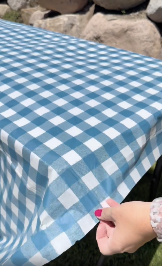 A hand with pink nail polish adjusts the edge of a blue and white checkered tablecloth on an outdoor table, with large rocks visible in the background.