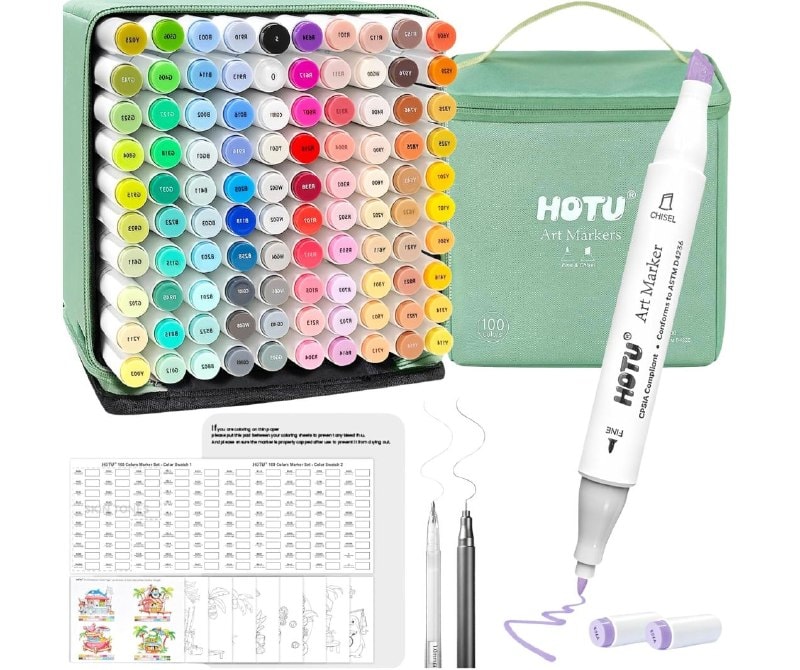 A set of 100 dual tip alcohol markers in a rainbow of colors for drawing and coloring, featured in our Tuesday Deals.