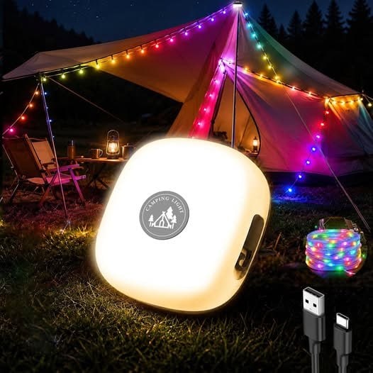 A retractable reel of portable LED camping string lights glowing at dusk, featured in our Friday Deals.