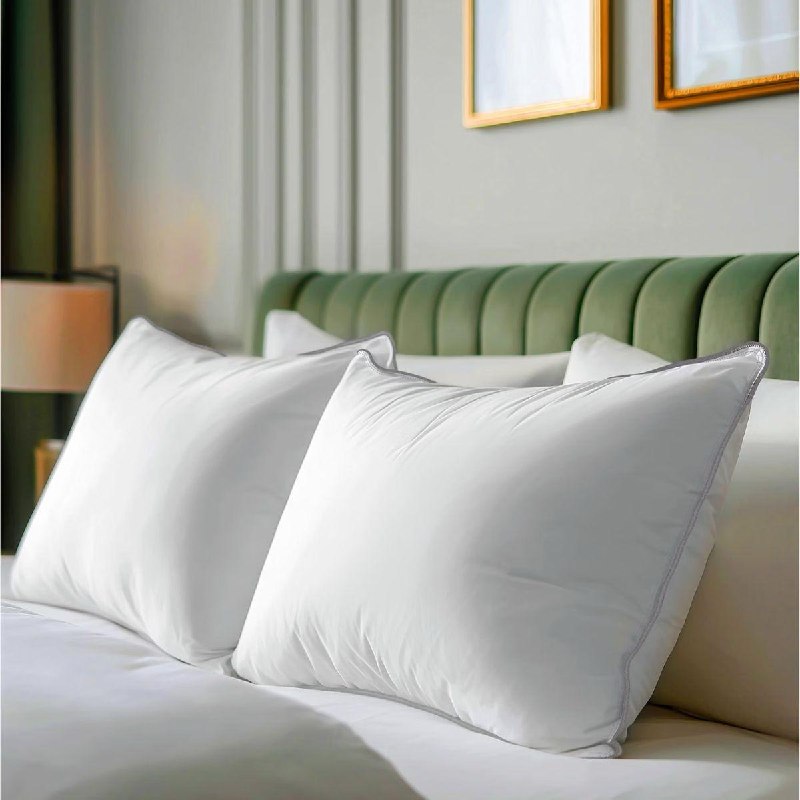 Two plush white goose down bed pillows stacked on a bed featured in our Wednesday Deals.