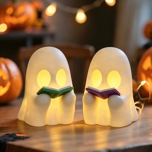 A cute 3D printed LED ghost figurine reading a tiny book, a spooky-cute Halloween decoration, featured in our Friday Deals.