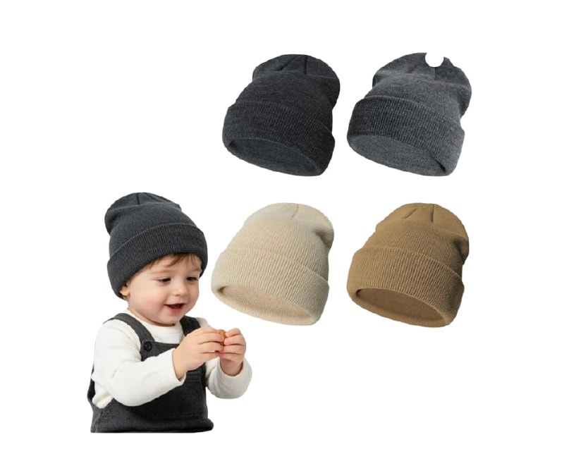 A four pack of soft knit baby beanie hats, featured in our Monday Deals.