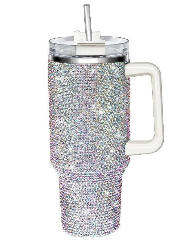 A 40 oz glitter tumbler with a handle, straw, and lid—perfect for staying hydrated on the go, featured in today's Thursday Deals.