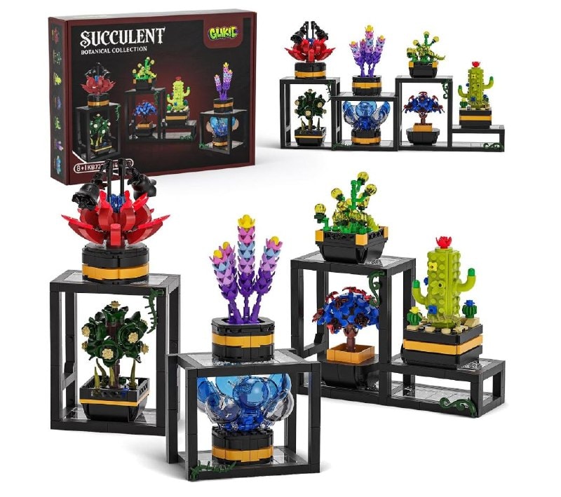 A set of seven colorful brick-built potted plants and succulents displayed on a shelf featured in our Wednesday Deals.