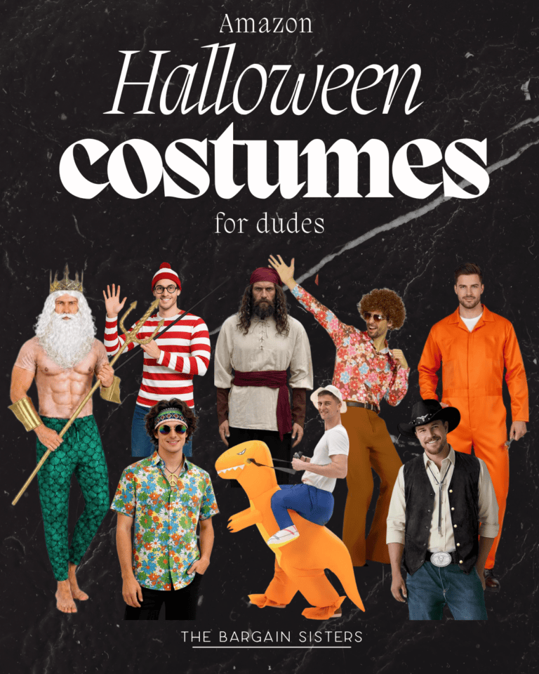 Eight men in various Halloween costumes, including a king, Waldo, pirate, 70s dancer, cowboy, dinosaur rider, tourist, and western outlaw, stand under the text: “Amazon Halloween costumes for dudes.”.