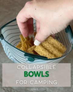 A hand reaches into a collapsible bowl filled with rectangular crackers. Text on the image reads: “Collapsible Camping Bowls for Camping.”.