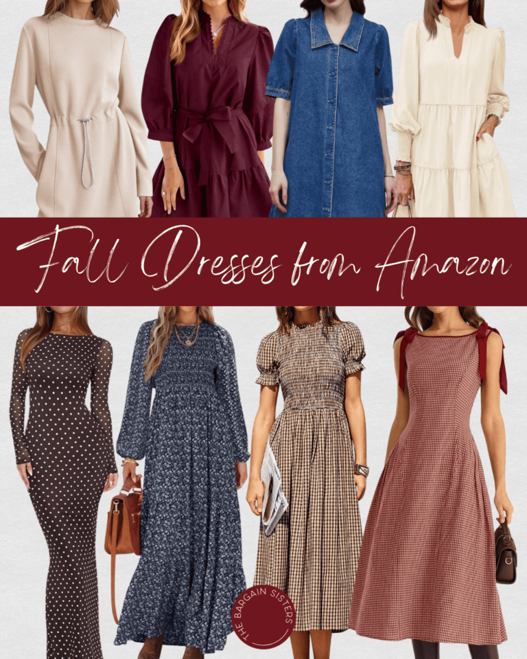 Eight women model various fall dresses in styles like polka dots, florals, solid colors, and gingham. The text reads “Fall Dresses from Amazon.” The image showcases casual and elegant dress options.