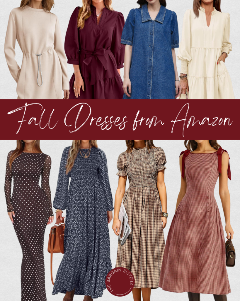 Eight women model various fall dresses in styles like polka dots, florals, solid colors, and gingham. The text reads “Fall Dresses from Amazon.” The image showcases casual and elegant dress options.