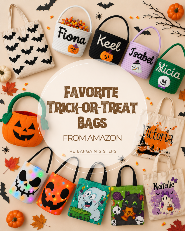 Assorted colorful Halloween-themed trick-or-treat bags, some with names like Fiona, Keel, Isabel, Alicia, Victoria, and Natalie, arranged around a sign that says “Favorite Trick-or-Treat Bags from Amazon.”.