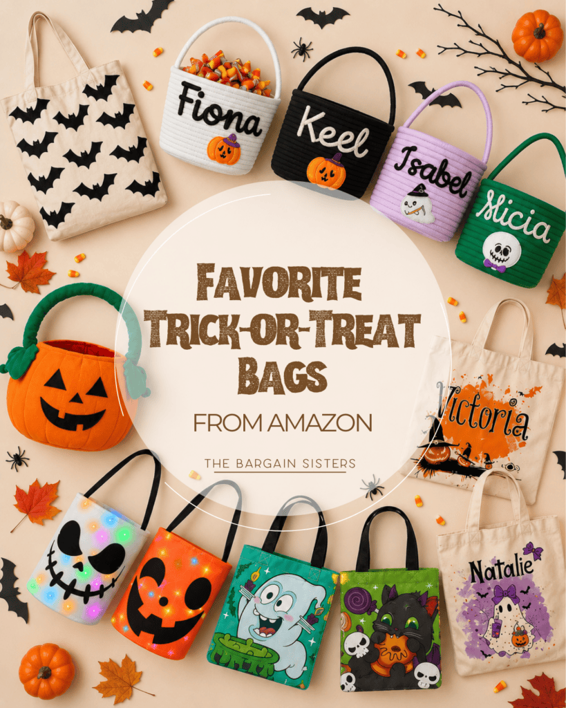 Assorted colorful Halloween-themed trick-or-treat bags, some with names like Fiona, Keel, Isabel, Alicia, Victoria, and Natalie, arranged around a sign that says “Favorite Trick-or-Treat Bags from Amazon.”.