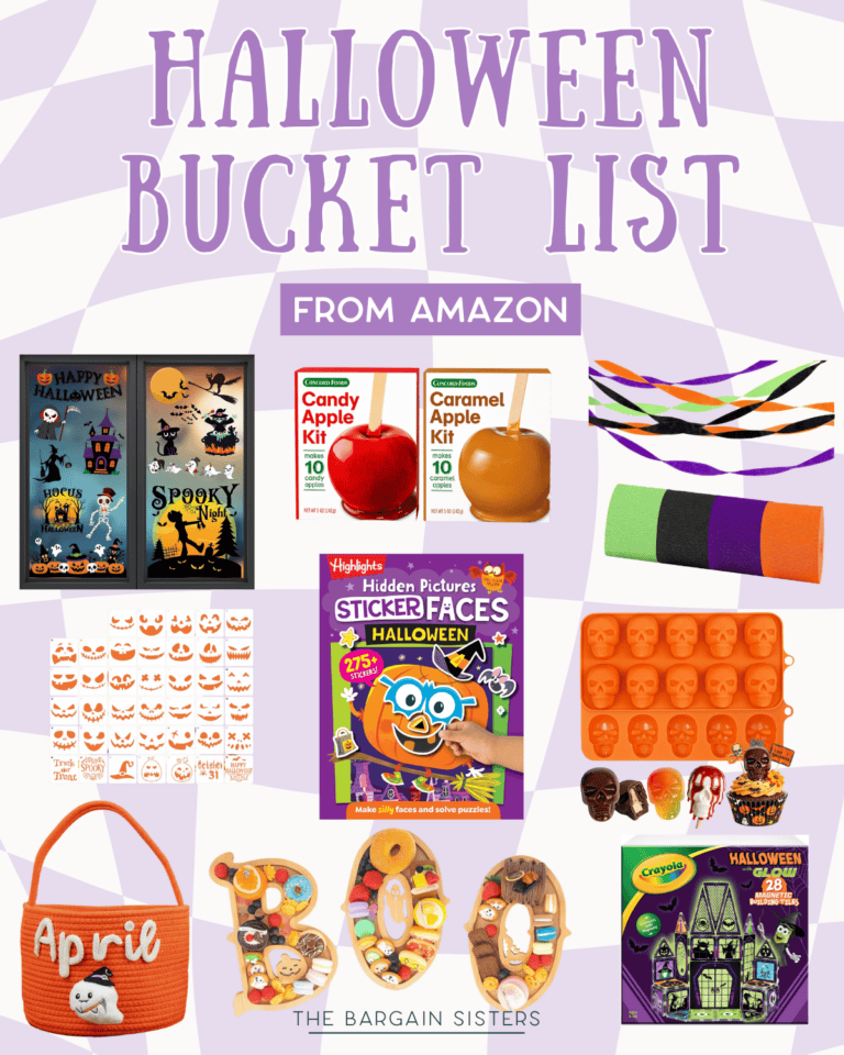 A collage of Halloween-themed items including decorations, candy apple kits, pumpkin molds, stickers, craft supplies, and games, all labeled as a “Halloween Bucket List from Amazon” with a festive purple background.