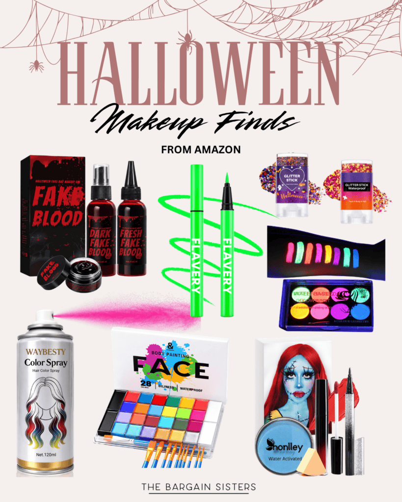 A collage of Halloween makeup products including fake blood, eyeliners, colored powders, face paint, glitter gel, color spray, and lipsticks, arranged under the title “Halloween Makeup Finds from Amazon.”.
