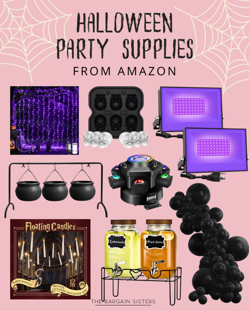 Halloween party supplies collage, including purple lights, skull ice cube tray, black cauldrons, disco light, floating candles, lemonade and fruit punch dispensers, and black balloons, with spiderweb accents and text.