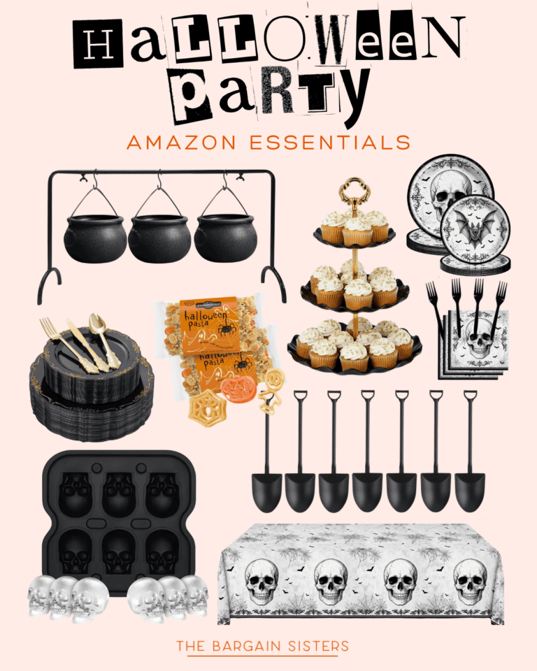 Collage of Halloween party essentials: cauldrons, cupcakes, skull-themed plates, gold utensils, party favors, skull silicone molds, small shovels, a skull tablecloth, and clear skull cups. Text: “Halloween Party Amazon Essentials.”.