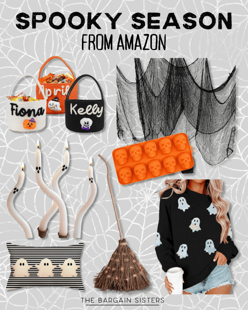 A collage of Halloween-themed items: personalized baskets, black netting, skull ice tray, ghost sweatshirt, broom, ghost pillow, ghost candles, and a woman holding a coffee cup. Text: “Spooky Season from Amazon.”.