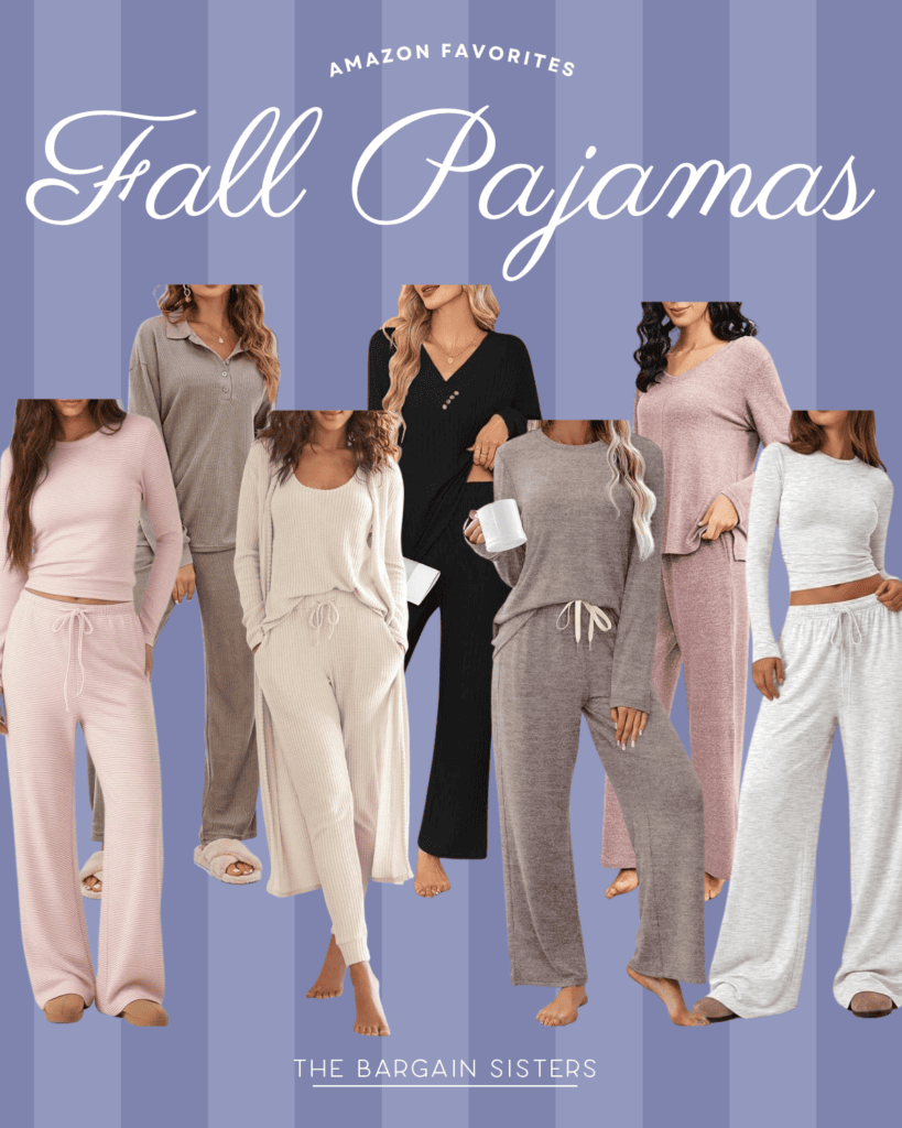 Seven women in cozy, long-sleeve, two-piece pajama sets in various neutral colors stand against a purple-striped background with the text “Fall Pajamas” and “Amazon Favorites.”.