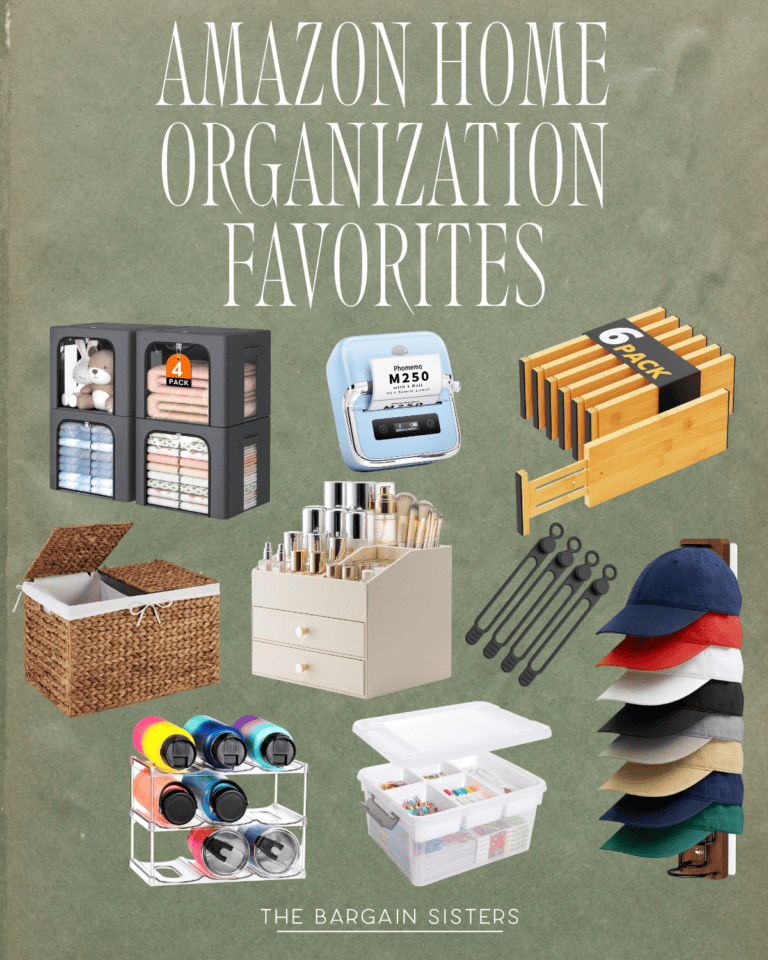 Collage of home organization products, including storage bins, label maker, file organizer, hat rack, spice jars, measuring spoons, basket, drawer organizer, and clear plastic storage box, with “Amazon Home Organization Favorites” text.