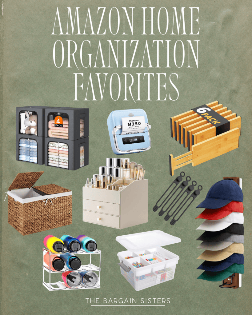 Collage of home organization products, including storage bins, label maker, file organizer, hat rack, spice jars, measuring spoons, basket, drawer organizer, and clear plastic storage box, with “Amazon Home Organization Favorites” text.