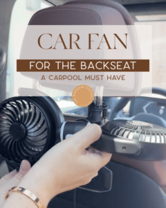 Person installing a black car fan on the back of a car seat headrest; overlay text reads “CAR FAN FOR THE BACKSEAT, A CARPOOL MUST HAVE.”.