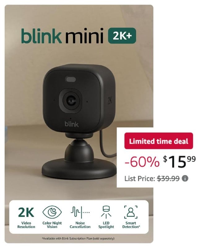 A compact white Blink indoor security camera with two-way audio and motion detection, featured in our Thursday Deals.