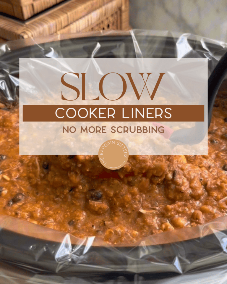 A slow cooker lined with a clear plastic liner is filled with chunky chili or stew. Text overlay reads: “Slow Cooker Liners - No More Scrubbing.” A black ladle is stirring the food.