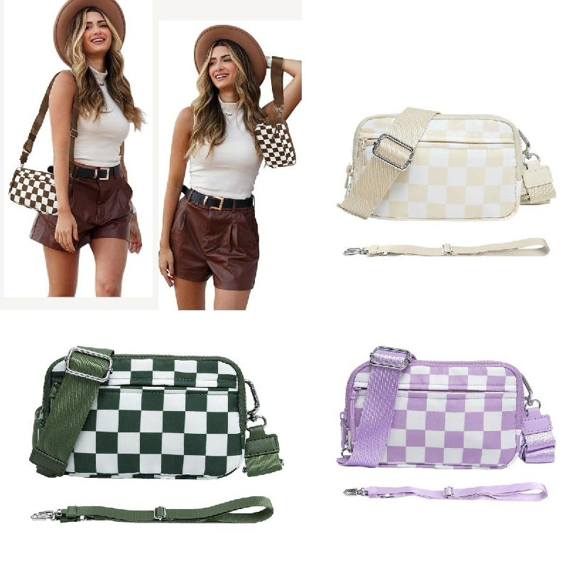 A checkered wristlet crossbody purse with a detachable strap, featured in our Monday Deals.