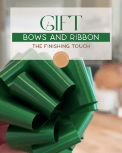 A hand holds a shiny green gift bow. Text above reads: “Gift Bows and Ribbon: The Finishing Touch.” The background is softly blurred.