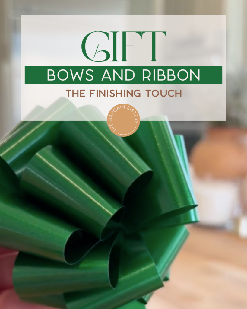 A hand holds a shiny green gift bow. Text above reads: “Gift Bows and Ribbon: The Finishing Touch.” The background is softly blurred.
