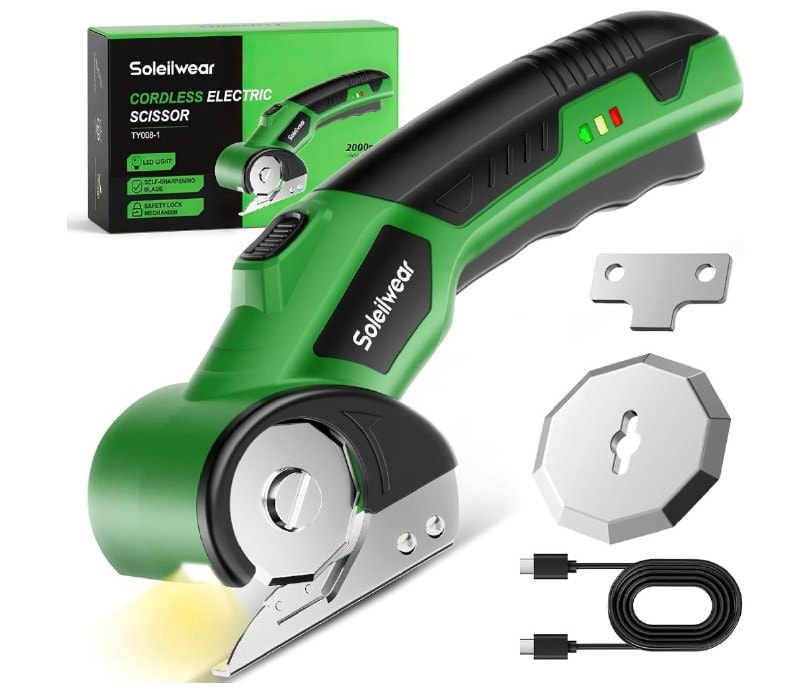 A handheld cordless electric scissors tool cutting through fabric featured in our Wednesday Deals.