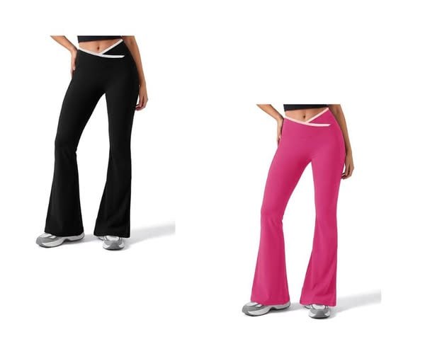 A pair of women's crossover waist flare yoga pants, featured in our Tuesday Deals.