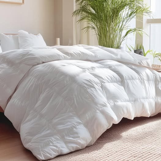 A fluffy white down comforter folded on a bed, perfect for cozy fall nights, featured in our Tuesday Deals.