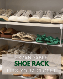 Three shelves display various shoes, including sneakers, flats, sandals, and heels. Text overlay reads: “Expandable Shoe Rack Fits Your Closet. The Bargain Sisters.” The closet background is a neutral color.