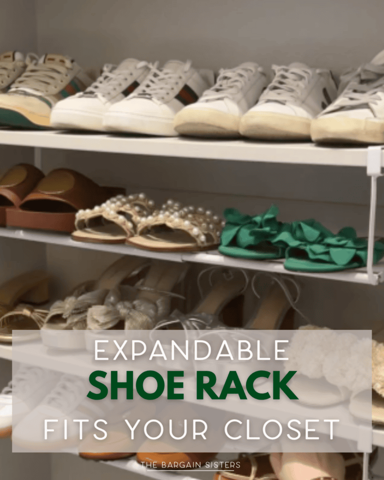 Three shelves display various shoes, including sneakers, flats, sandals, and heels. Text overlay reads: “Expandable Shoe Rack Fits Your Closet. The Bargain Sisters.” The closet background is a neutral color.