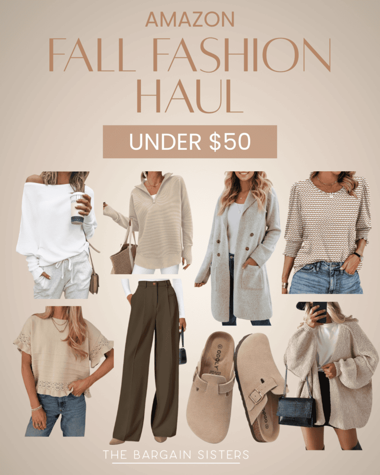 A collage of seven women modeling fall outfits and shoes under $50, including sweaters, cardigans, pants, jeans, and slip-on shoes. Text reads: “Amazon Fall Fashion Haul Under $50. The Bargain Sisters.”.