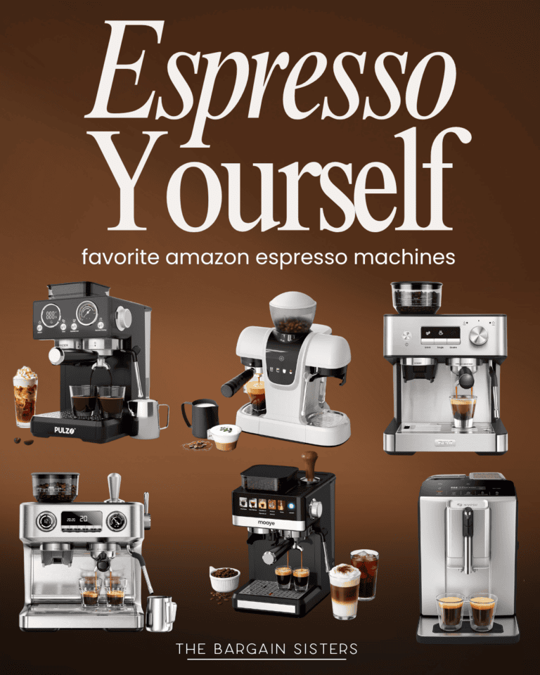 Six espresso machines with coffee drinks are displayed under the text “Espresso Yourself—favorite Amazon espresso machines” on a brown background. “The Bargain Sisters” is written at the bottom.