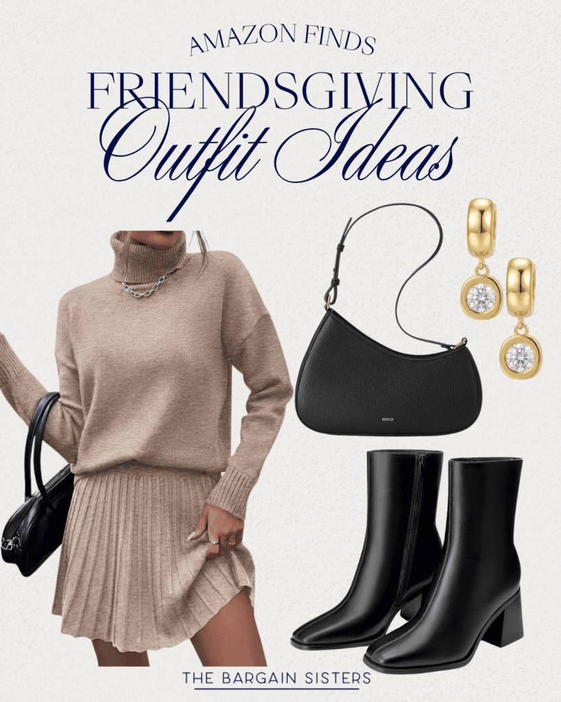 Woman in a beige turtleneck sweater and pleated skirt, holding a black purse. Black heeled boots, gold hoop earrings with gems, and a black handbag are displayed. Text reads: “Friendsgiving Outfit Ideas.”.