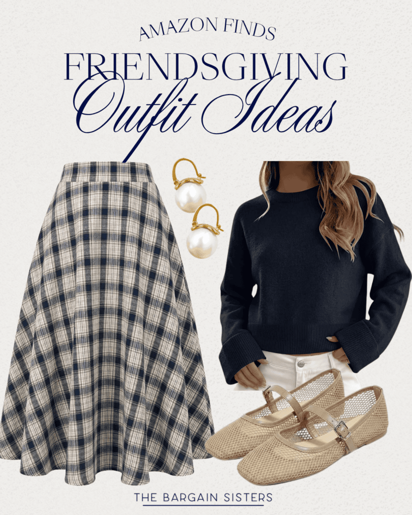 Flat lay of a plaid skirt, black sweater, pearl earrings, and beige Mary Jane shoes with “Friendsgiving Outfit Ideas” text above. Ideal for fall or holiday gatherings.