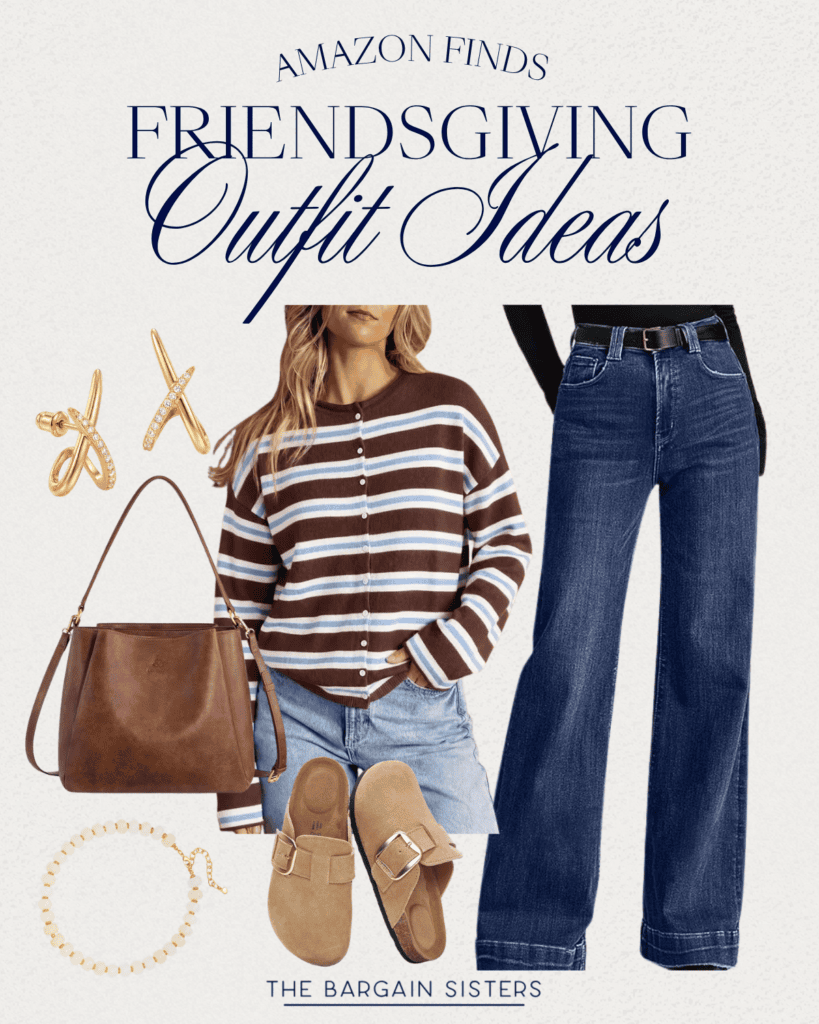 Flat lay featuring a striped brown sweater, blue jeans, brown tote bag, tan slip-on sandals, gold jewelry, and the text “Friendsgiving Outfit Ideas: Amazon Finds” at the top.