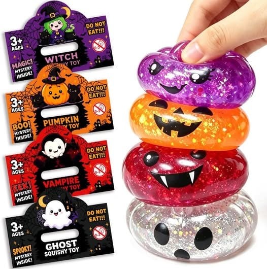 A set of glittery squishy pumpkin toys in orange and purple for Halloween fun, featured in our Friday Deals.