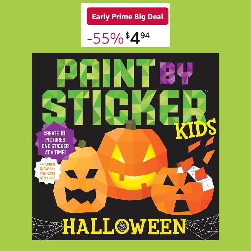 A Halloween paint by sticker activity book for kids with spooky mosaic pictures, featured in our Tuesday Deals.