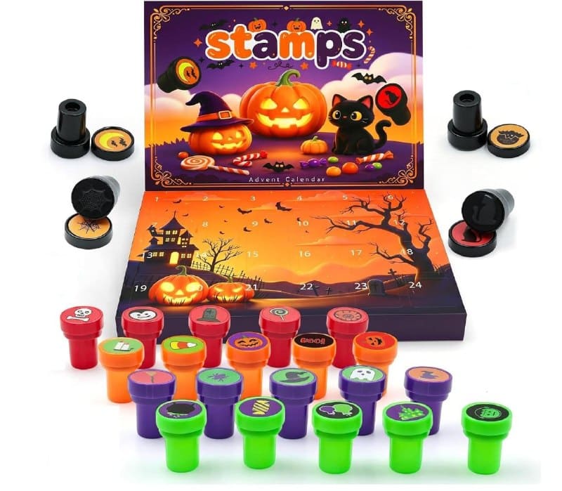 A set of colorful Halloween stampers with pumpkin, ghost and bat designs for kids' crafts and treat bags, featured in our Thursday Deals.
