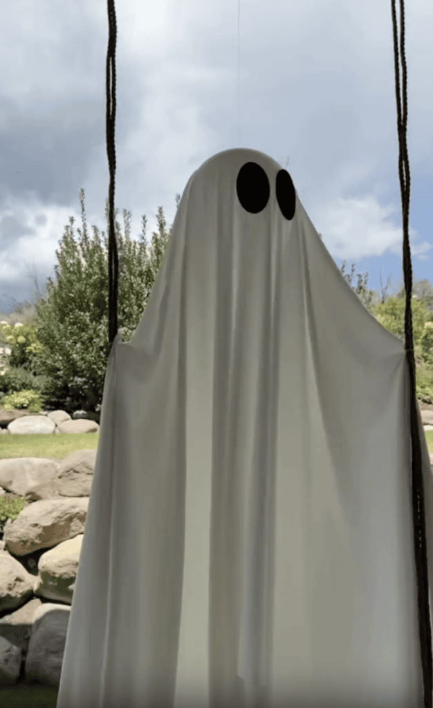 A swing holds a ghost decoration made from a white sheet with black eyes, outdoors in a garden with rocks, grass, and trees.