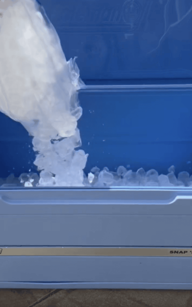 A person pours ice cubes from a plastic bag into a blue cooler.