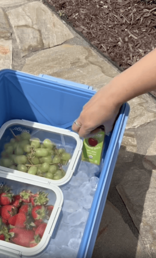 A hand reaches into a blue cooler with ice, two containers of grapes and strawberries, and a green juice box inside. The cooler is on a stone surface outdoors.