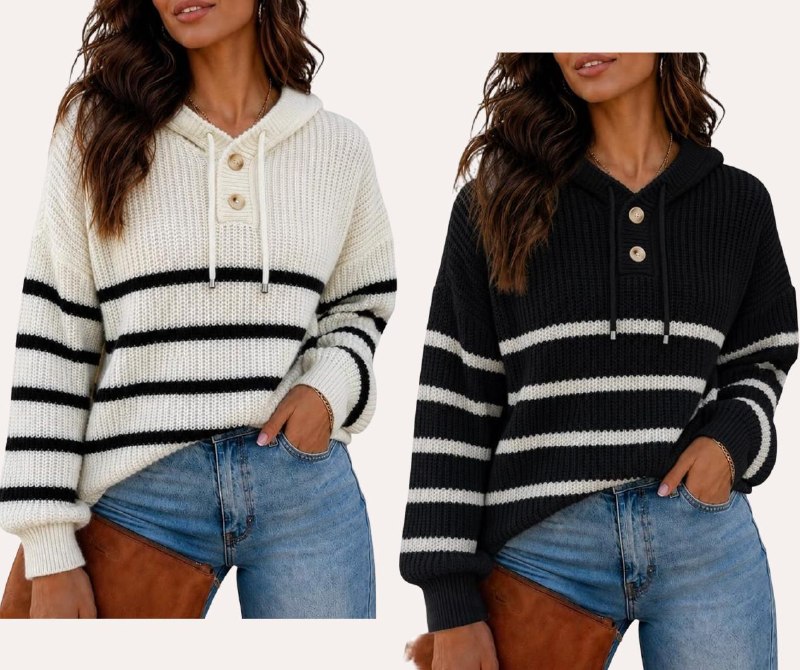 A woman wearing a cozy oversized knit hoodie sweater in a neutral color featured in our Wednesday Deals.