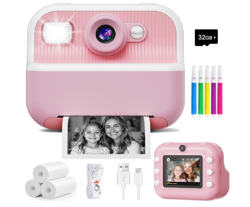 A compact instant camera with a built-in flash and photo prints—fun for kids, parties, and holiday memories, featured in our Thursday Deals.